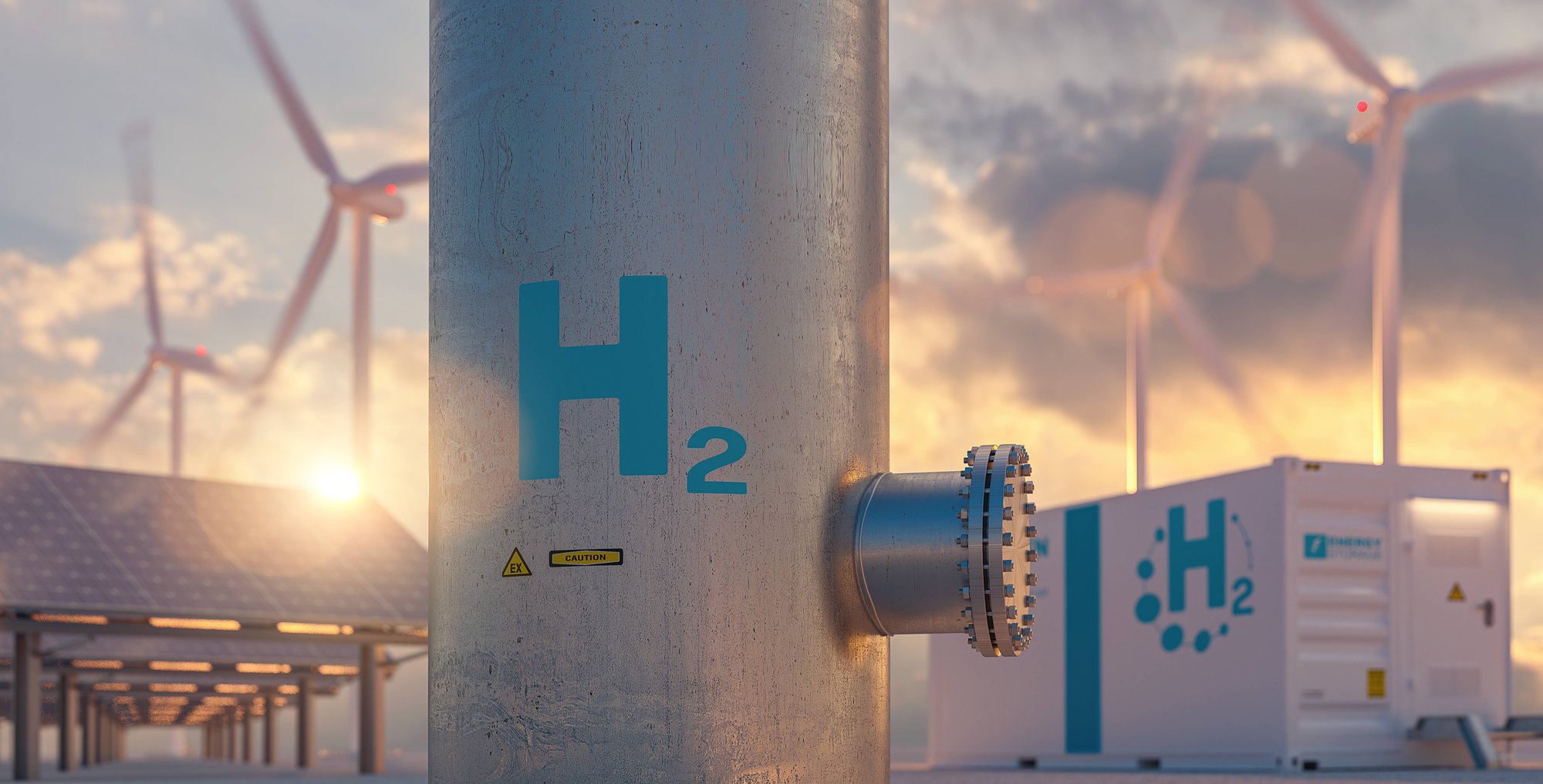 hydrogen-energy-storage-gas-tank-with-solar-panels-wind-turbine-energy-storage-container-unit-background-sunset hydrogen-energy-storage-gas-tank-with-solar-panels-wind-turbine-energy-storage-container-unit-background-sunset